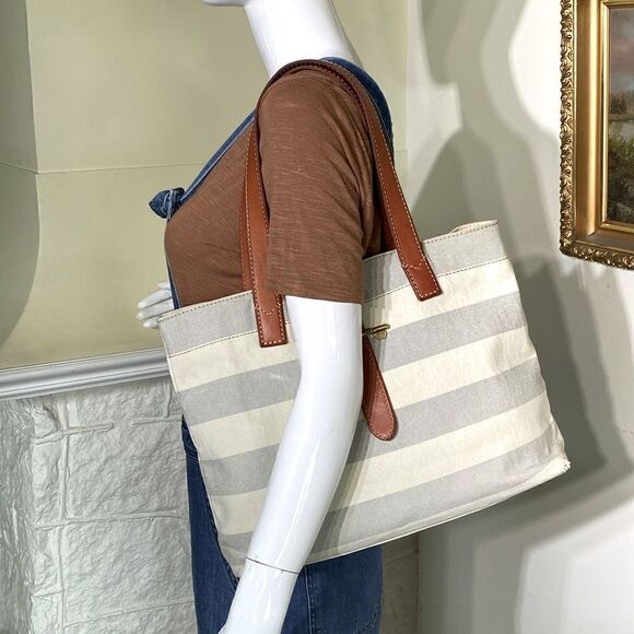 Fossil Austin Cream Blue Stripe Coated Canvas Leather Nautical Tote Shoulder Bag - Picture 15 of 15